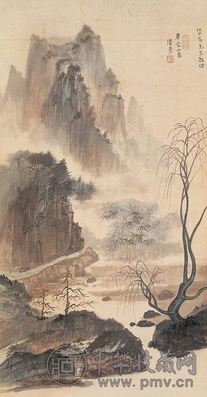 潘素 现代 岸容山意图 书斋立轴 设色绢本