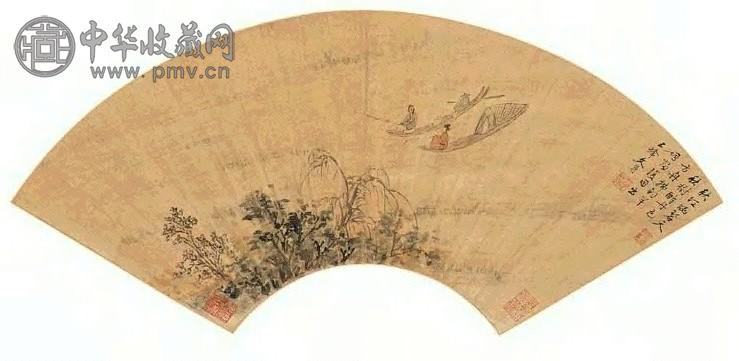 文伯仁 秋江钓舟 扇面 设色金笺