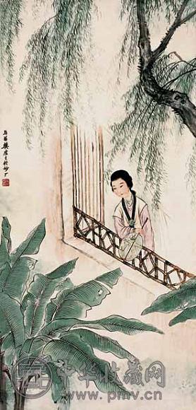 樊虚 芭蕉仕女 立轴 设色纸本