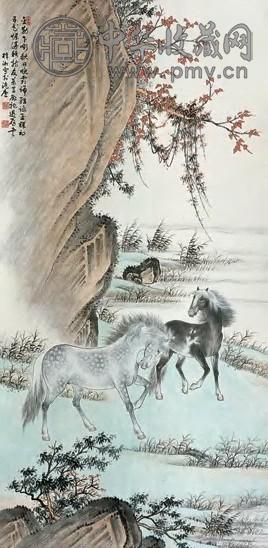 殷梓湘 双骏图 立轴 纸本设色