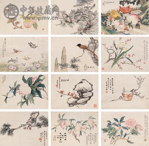 刘奎龄 徐石雪 白宗魏等十 丁卯(1927年)作 祝寿图三挖 四屏 设色绢本