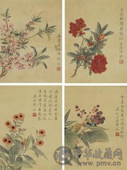 清康熙 恽冰 花卉斗方四挖 轴