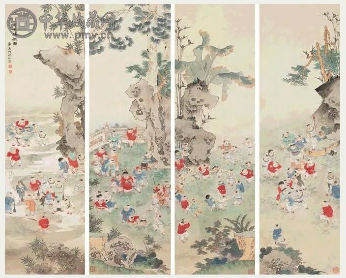 任率英 百子嬉戏图 屏条 设色纸本
