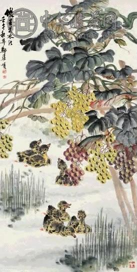 郑集宾 壬午(1942年)作 秋塘鸭趣 立轴 设色纸本