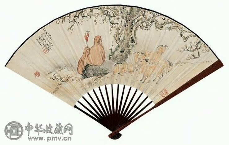 诸健秋 1954年作 苏武牧羊图并楷书七言诗 扇面 设色纸本