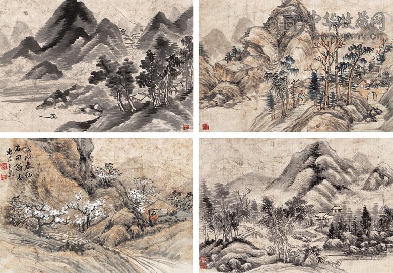 王昱 1718年作 山水 册页(8开选4) 设色纸本