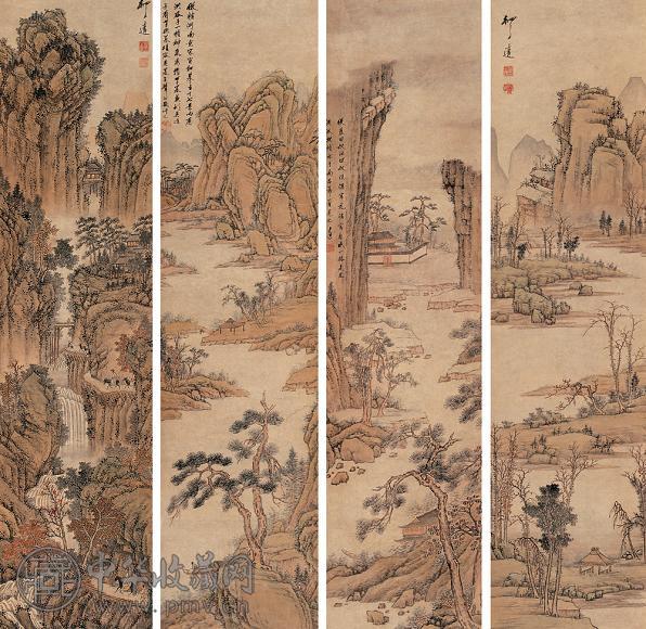 万上遴 山水图 四屏 设色纸本