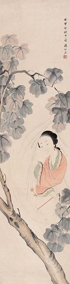 汤禄名 桐荫仕女 立轴 纸本