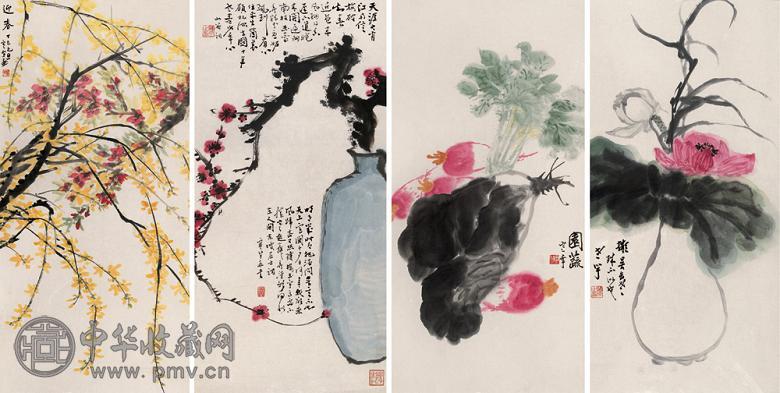 何涵宇 花卉疏果 四屏 纸本