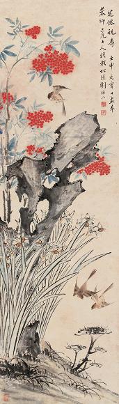 刘德六 1872年作 芝仙祝寿 立轴 设色纸本