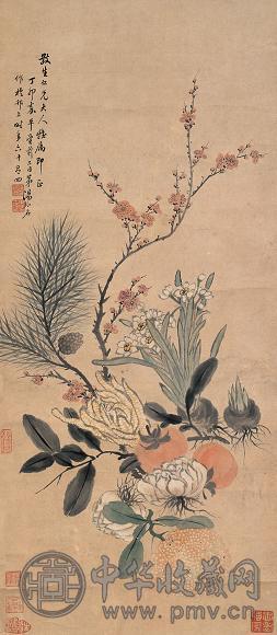 汤禄名 1867年作 清供图 立轴 设色纸本