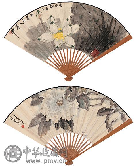 谢稚柳 陈佩秋 1973年作 莲溪静夜图 富贵长春图 成扇 设色纸本