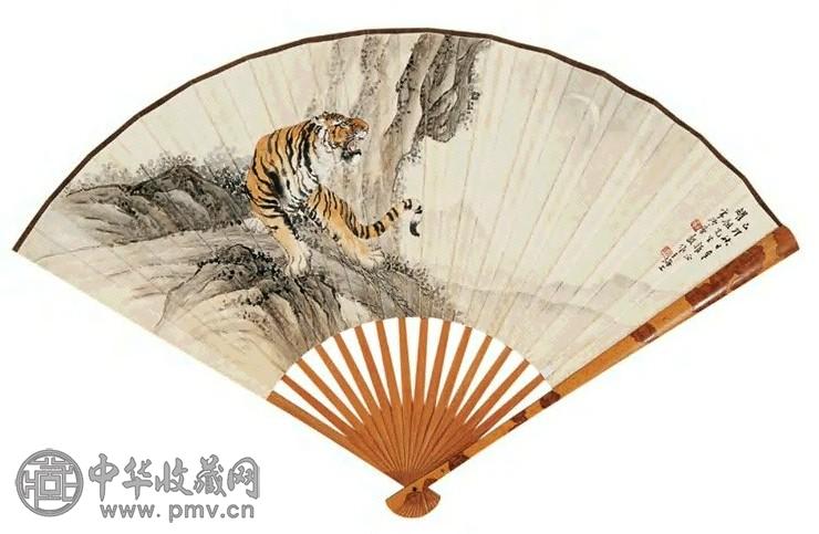 房毅 谭泽闿 月夜虎啸 行书 成扇 水墨纸本