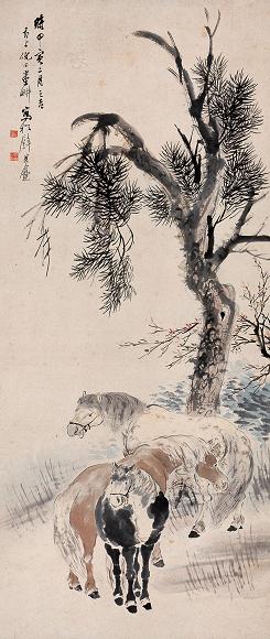 倪墨畊 1914年作 柳阴戏马 立轴 设色纸本