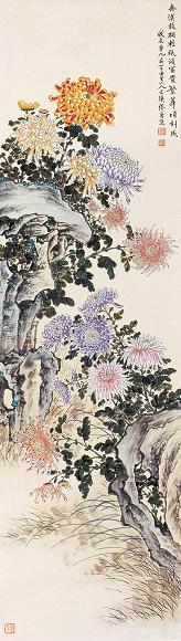 缪谷瑛 1928年作 菊 立轴 设色纸本