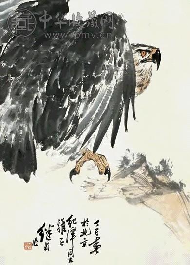 刘继卣 丁巳1977年作 鹰 立轴 设色纸本
