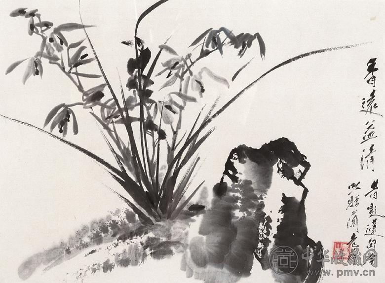 唐云 奇石香祖图 镜心 水墨纸本