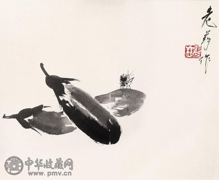 唐云 茄子蟋蟀图 镜心 水墨纸本