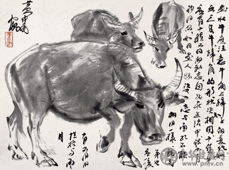 黄胄 五牛図 横幅 掛軸 中国画 水墨画 宣紙 中国書画 中国美術 黄冑水牛横幅镜心水墨纸本收藏资讯|艺术家|书画家|书画名人|书法家