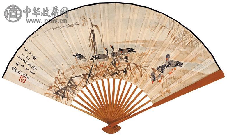 吴青霞 1972年作 芦雁 书法 成扇 设色纸本