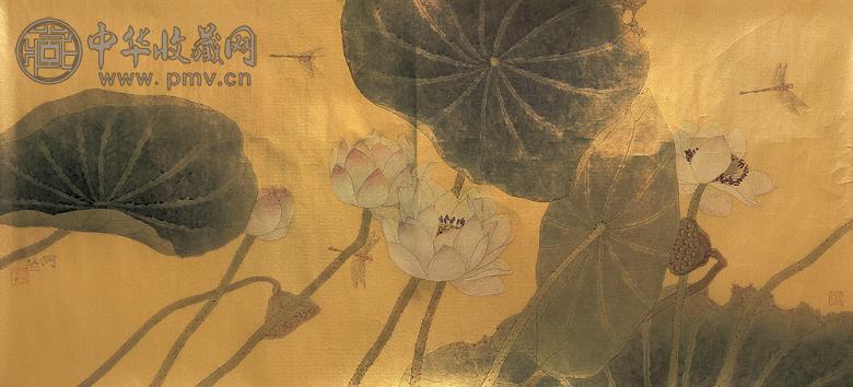 何曦 金笺荷花 镜心 设色纸本