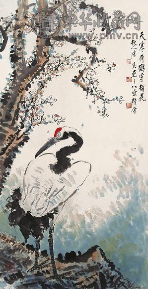 唐云 鹤守梅花 镜心 设色纸本