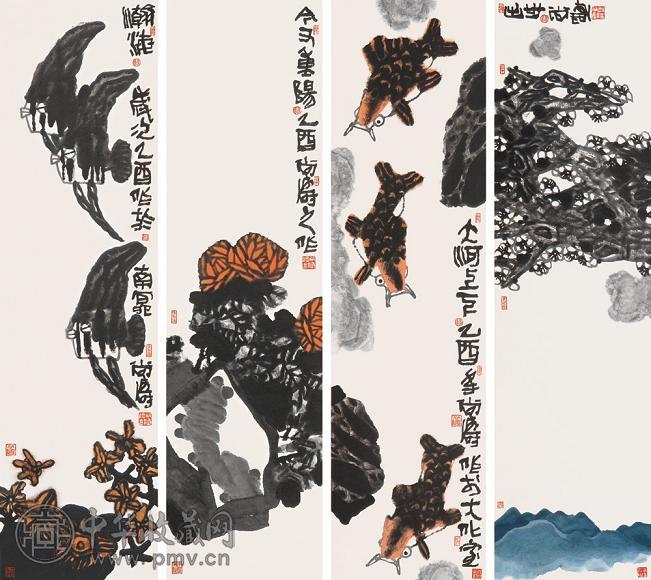 尚涛 2005年作 大河上下 四屏 设色纸本