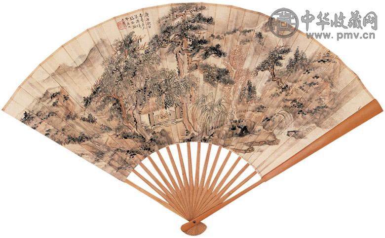 吴淑娟 罗振玉 1930年作 松山高贤图 甲骨文 成扇 设色纸本
