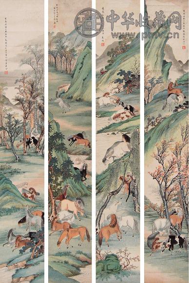 彭旸 群马 四屏 设色纸本