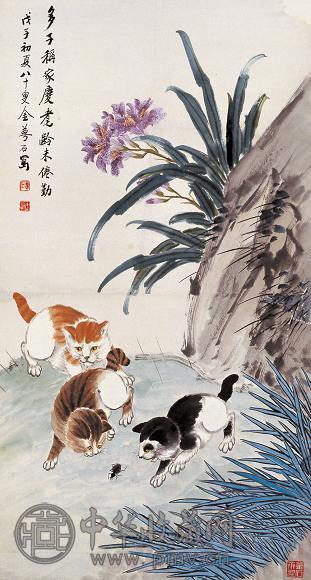 金梦石 1948年作 多子庆寿图 立轴 设色纸本