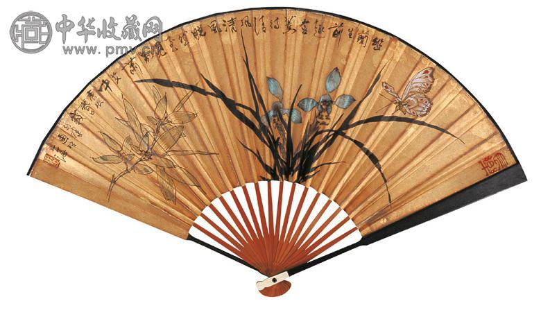 钱行健 2000年作 双清图 成扇 设色金笺