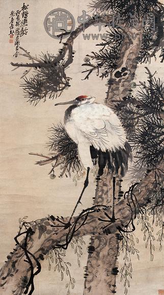 吴昌硕 1916年作 松鹤延龄 立轴 设色纸本