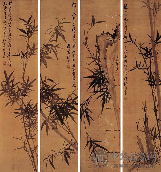 张熊 1862年作 竹四条屏 单片 水墨绢本