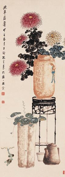 孔子瑜 1924年作 延年益寿 立轴 设色纸本