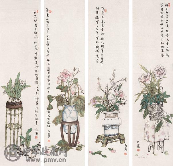 李丽萍 花鸟 四屏 设色纸本
