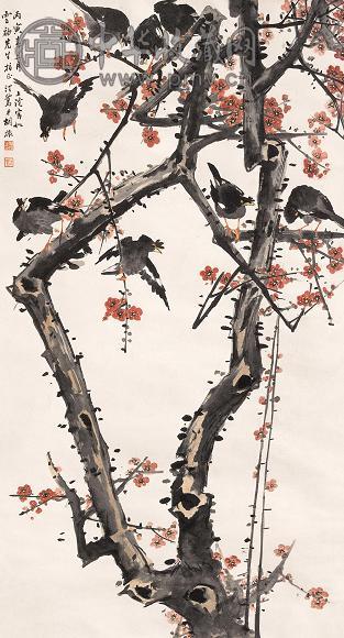 胡汀鹭 鸣雀图 立轴 设色纸本