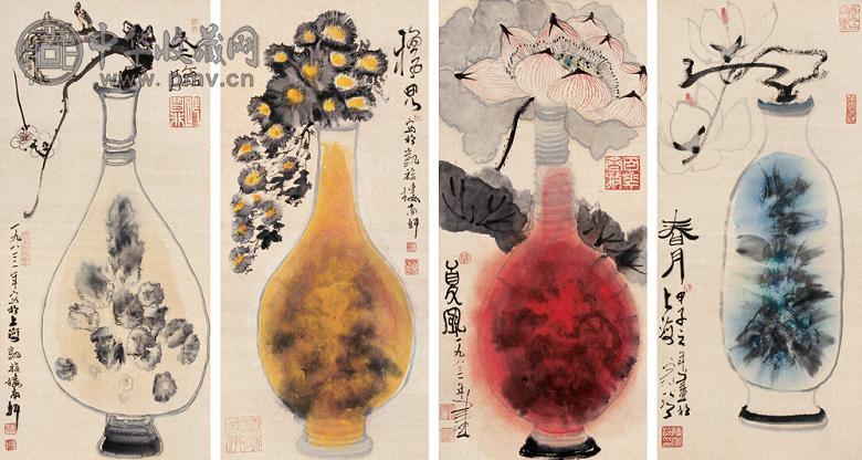陈家泠 1984年作 花瓶 四屏 设色纸本