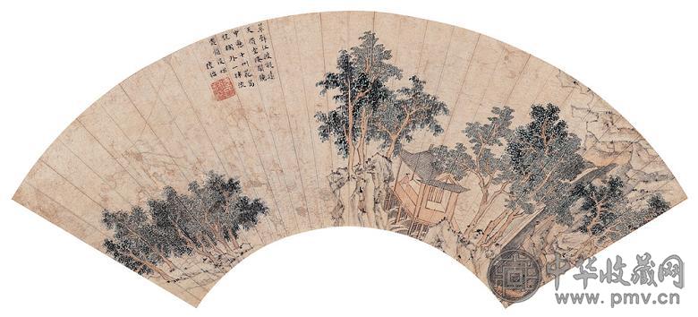 陆治 翠壁江波 扇面 设色纸本