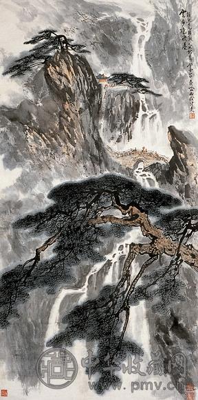 张登堂 云步飞瀑图 立轴 设色纸本
