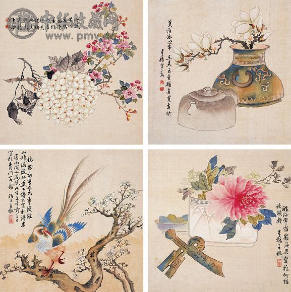 王枢 花鸟 册页(12开选4) 设色绢本