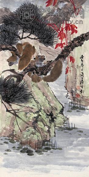 柳滨 1942年作 猴趣 立轴 设色纸本