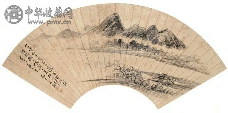 汤贻汾 1852年 临石田云山图 扇面 金笺水墨