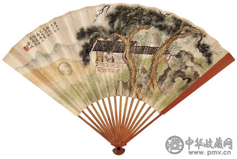 金城 庚申(1920年)作 山水 成扇 设色纸本