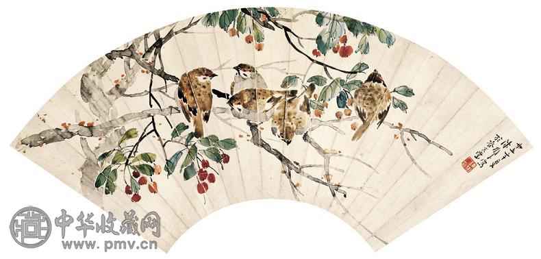 陈树人 1946年作 秋叶栖禽 扇面 设色纸本