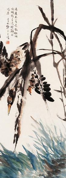 王师子 1942年作 鱼鹰 立轴 设色纸本