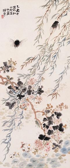 陈摩 1945年作 花鸟 立轴 设色纸本