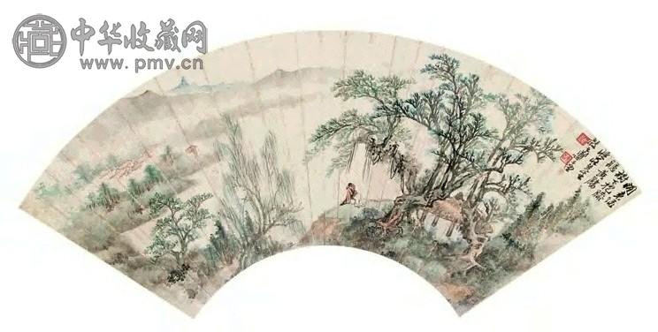 郑午昌 抱膝听鹂图 扇面 设色纸本