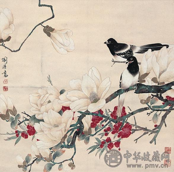 喻继高 玉兰楼雀图 立轴 设色纸本