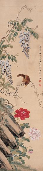 马佳同 1926年作 花鸟 立轴 设色绢本