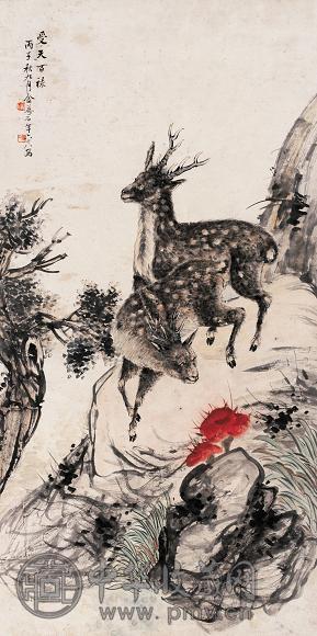 金梦石 1936年作 受天百禄 立轴 设色纸本